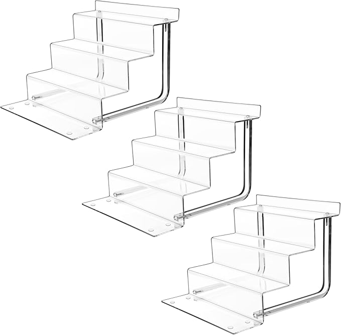 AMT Acrylic Riser Display Stand, 100% Acrylic Clear 4-Tier Organizer for Figures, Cupcake, Perfume, Sunglasses (9 inch x 2.4 inch) 3-pack