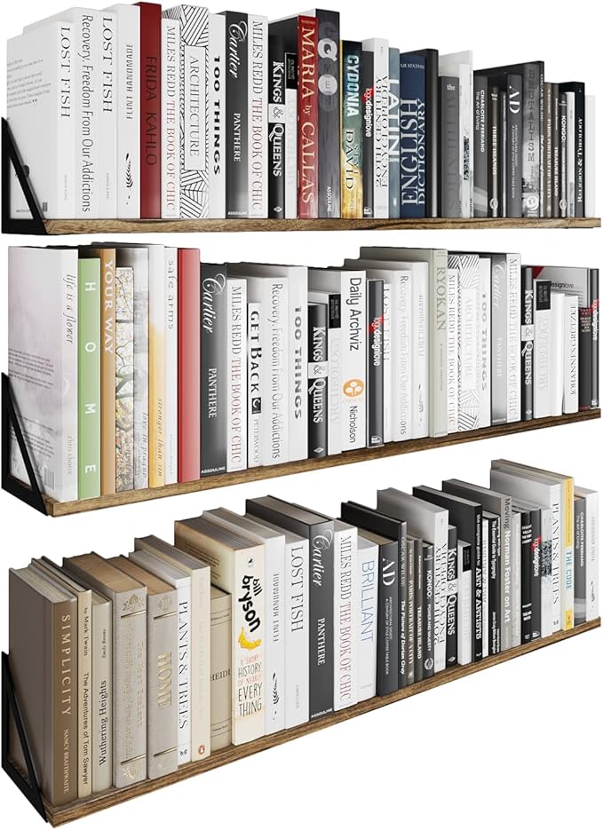 Wallniture Minori Wall Bookshelves for Living Room Decor, 36" Floating Shelves for Bathroom, Kitchen, Bedroom, Floating Bookshelf Wall Storage, Set of 3 Natural Burned