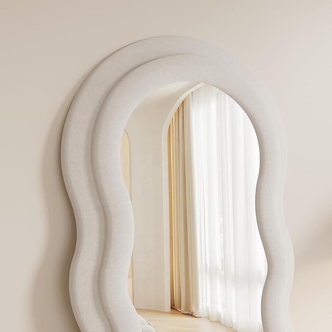 Rowjut Full Length Mirorr, 63"x24" Mirrors Full Length, Irregular Wavy/Wall Mounted & Standing Floor Mirror with Flannel, Body Mirorr Hanging or Leaning Against Wall for Bedroom (White)