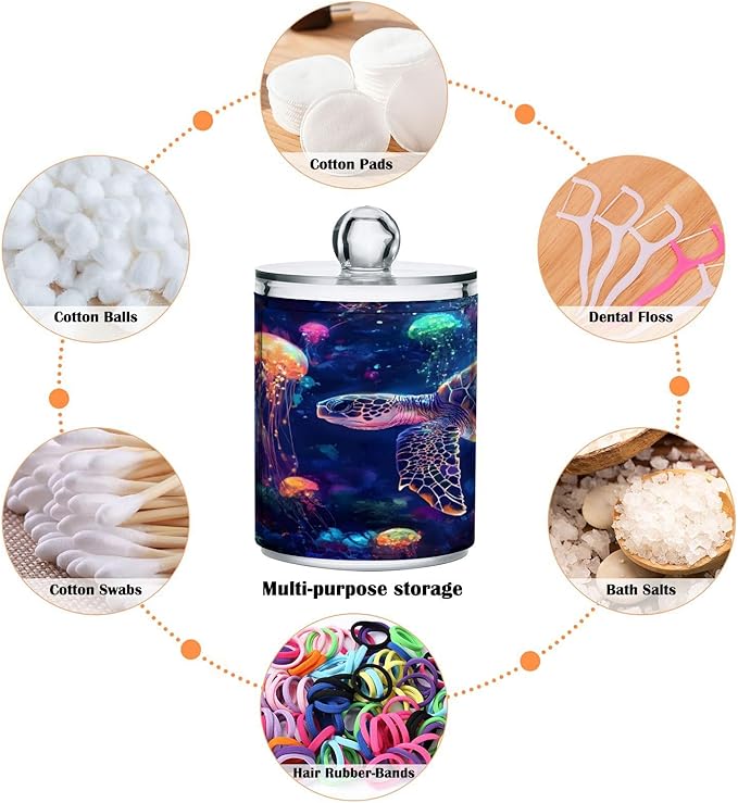 Colourful Jellyfish Ocean Turtle Qtip Holder Dispenser Clear Plastic Apothecary Jar with Lid Bathroom Organizer Vanity Makeup Storage Containers for Cotton Ball, Cotton Swab, Floss, 2 Pack