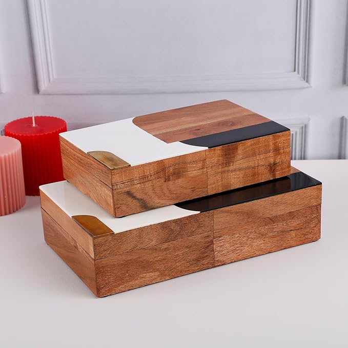 Handicrafts Home Decorative Storage Box, Keepsake Box Jewellery Organiser Abstract Wood Box, Handmade Wooden Jewelry Box with Resin & Brass Inlay, Memory Box for Home Decor, Coffee Table- 8x5x2