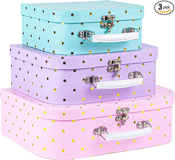 Eazy2hD Paperboard Suitcases, Set of 3 Decorative Storage Boxes Gift Boxes With Lids for Photo Storage Home Decoration, Birthday, Weddings, Anniversary - Mini Cardboard Suitcase - Gold Foil Polka Dots