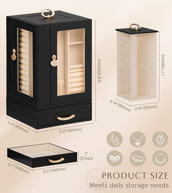 Enthralite Jewelry Box Large for Dresser: Women Necklace Ring Storage Organizer with Compartments - Elegant Earring Holder Display - 360° Rotating Jewelry Organizer with Glass Door