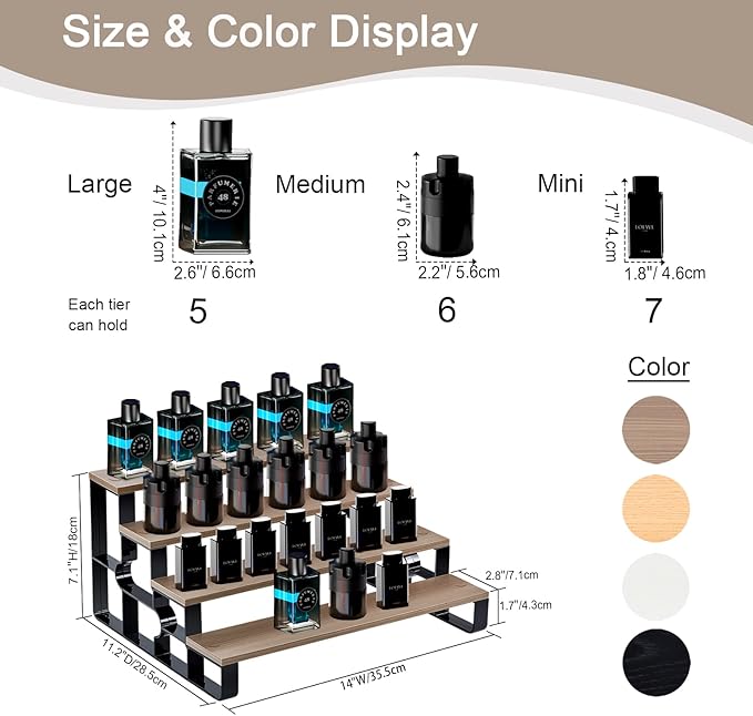 Perfume Stand for Men,4 Tier Cologne Organizer,Display Shelf Stands for Dresser,Wooden Shelf Display Risers for Party,Makeup,Figures,Cupcake,Dessert(Walnut,Width=14")