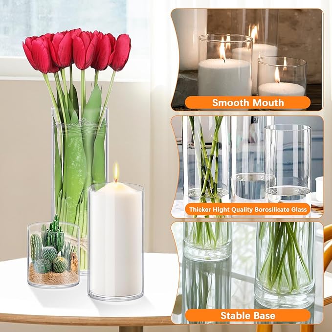 Homjoy Glass Cylinder Vase Sets 16 Pack Tall Clear Flower Vase Hurricane Floating Candle Holder for Table Centerpiece Wedding Home Décor(2.17 x 4IN + 2.56 x 6IN + 3.15 x 8IN + 3.55 x 10IN)