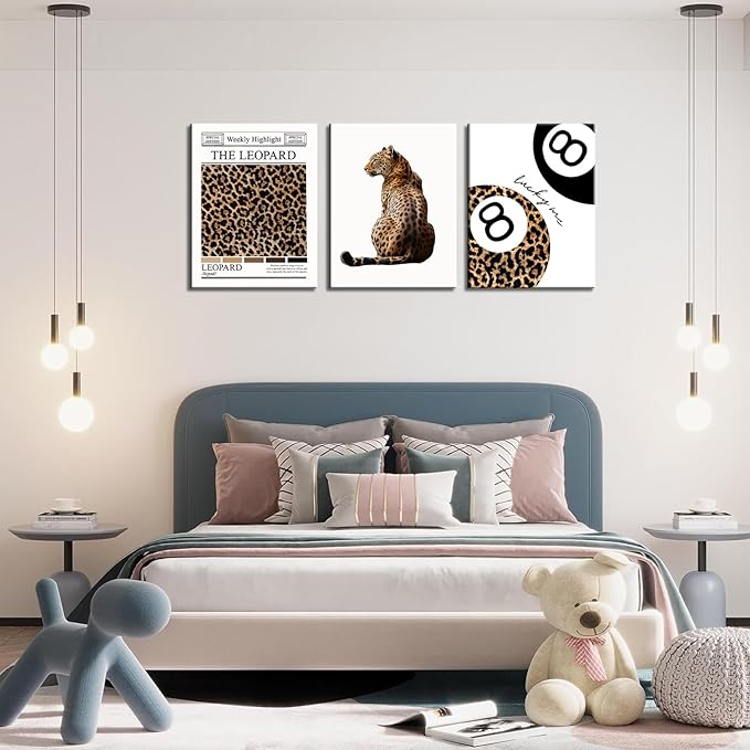 Set of 3 Trendy Leopard Canvas Wall Art Funky Lucky 8 Ball Posters Prints Preppy Room Aesthetic Cheetah Wall Decor Pictures for Girly Bedroom Apartment Dorm 16x24in