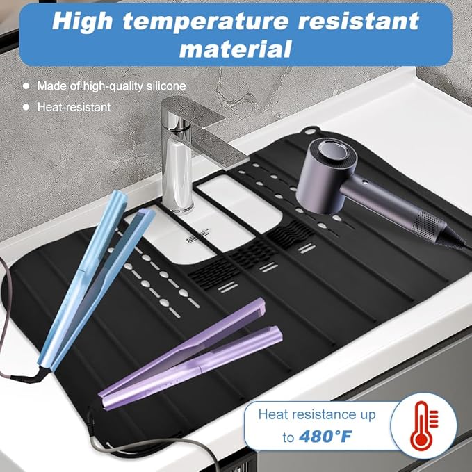 Bathroom Sink Cover for Counter Space, Foldable Silicone Makeup Organizer Mat for Over Countertop, with Hanging Loop Heat-Resistant Sink Cover for Makeup(Color:Black)