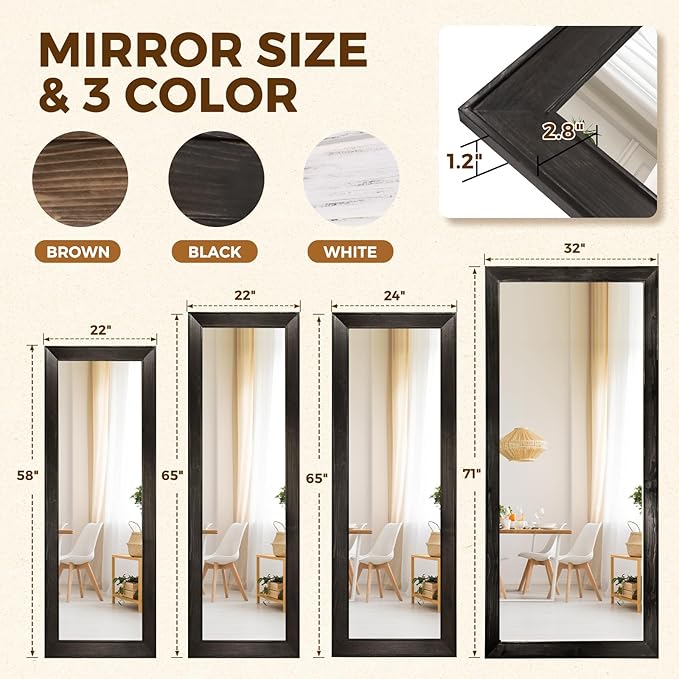 Full Length Mirror 65"x22" - Beveled Edge Rustic Black Dressing Mirror, Solid Wood Frame, Wall Mounted or Standing for Bedroom, Entryway, Living Room
