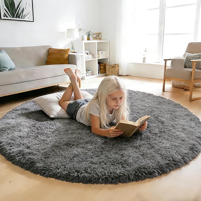 yulidayang Fluffy Round Area Rugs for Bedroom,4'X4'Shag Circle Area Rugs for Living Room,Non Slip Fuzzy Plush Rug for Kids Room Boys Girls Room and Dorm,Deep Grey