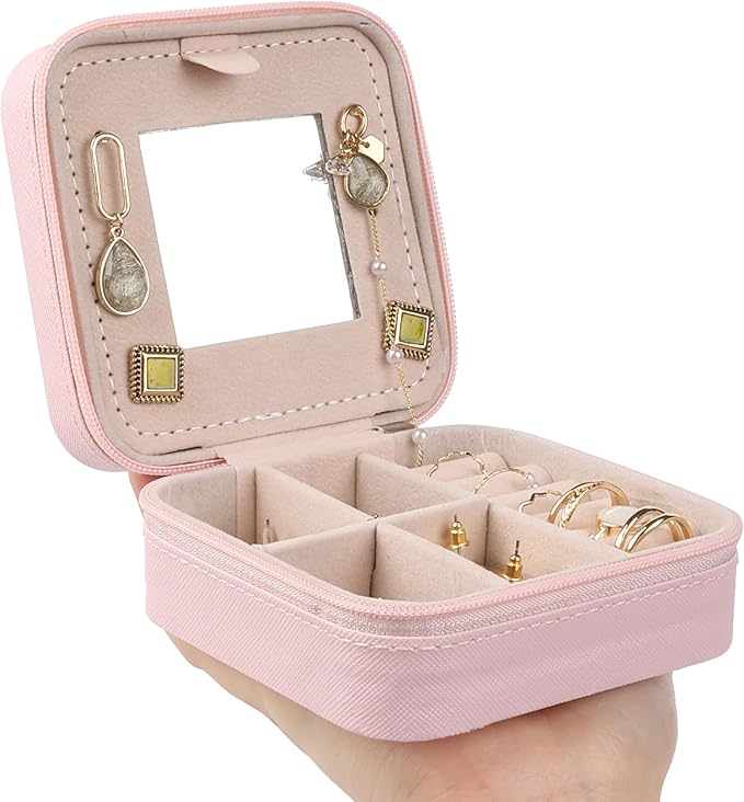 OceeK Travel Jewelry Case Box with Mirror,Travel Jewelry Box Organizer Holder Stocking Stuffers,Pink,1 Pack
