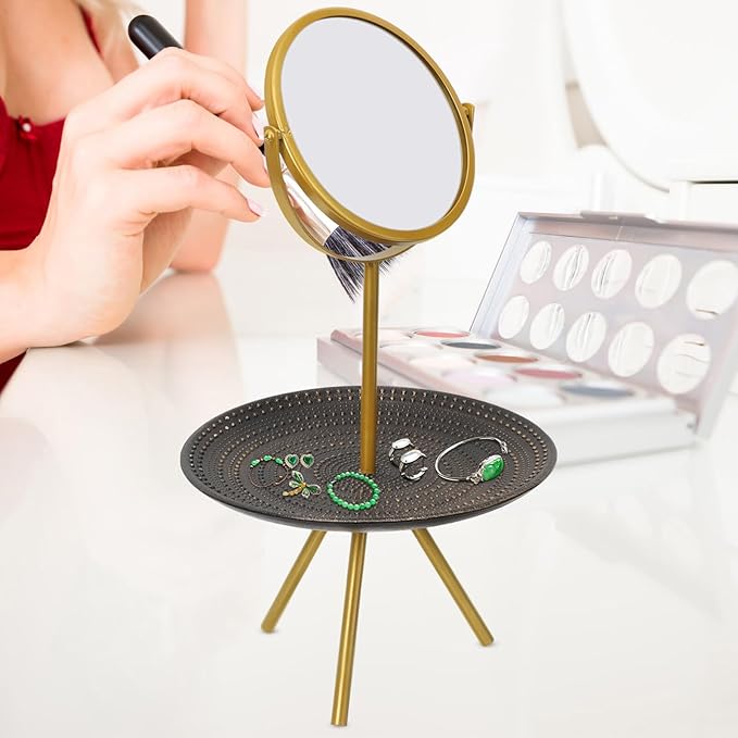Luxshiny European Style Makeup Mirror with Jewelry Storage Tray Vintage Desk Vanity Mirror for Bedroom with Swivel Function