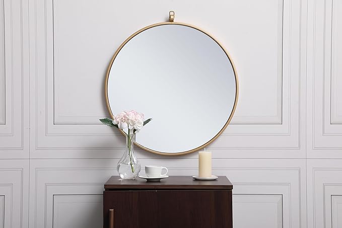 Brilliance, Metal Frame Round Mirror with Decorative Hook 21 Inch in, Midcentury Modern, Brass