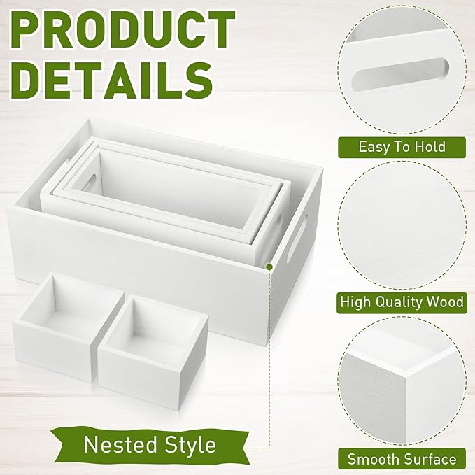 Set of 6 Wood Storage Boxes with Handles Wooden Nesting Crates Rustic Farmhouse Storage Container for DIY Crafts Party Home Table Decoration Display(White)
