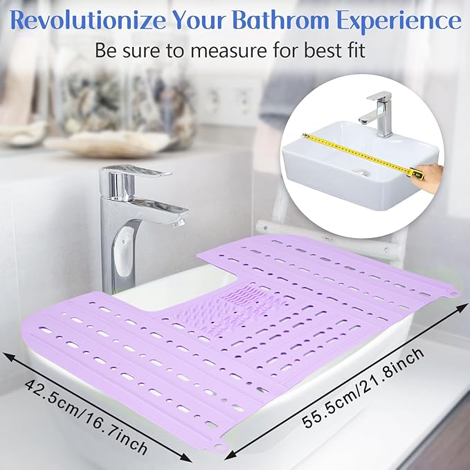 Bathroom Sink Cover for Counter Space, Heat-Resistant Silicone Sink Cover for Makeup Foldable Makeup Mat with Hanging Loop, Space Saver Sink Organizer Mat for Bathroom, 22 * 17" Purple