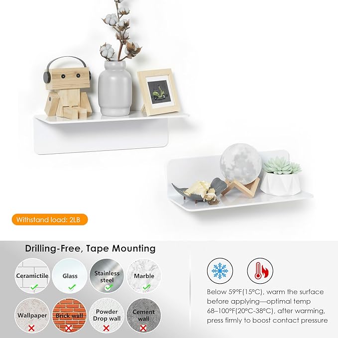 OAPRIRE White Floating Shelves Wall Mounted Set of 2 - Easily Expand Wall Space - Acrylic Hanging Shelves for Bedroom, Gaming Room, Living Room, Bathroom, Office with Cable Clips