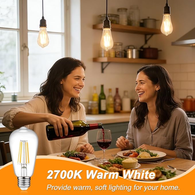 Ascher Vintage LED Edison Bulbs 6W, Equivalent 60W Incandescent, Non-Dimmable, Warm White 2700K, ST58 Antique LED Filament Bulbs with 80+ CRI, E26 Medium Base, Clear Glass, 6-Packs