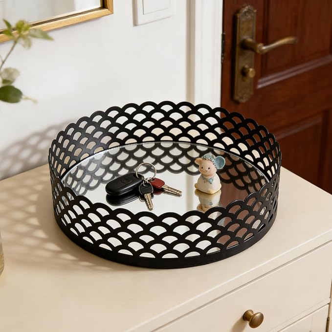 Black Metal Decorative Tray with Mirror Base - Round Vanity Tray for Makeup Brushes, Jewelry, Perfume, and Home Décor(7.3”X2”)