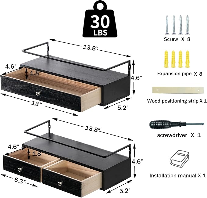 DreamPossible Floating Shelves - Wall Mounted Bathroom Shelf Set of 2 with Drawers, Rustic Wood Shelves for Bedroom, Living Room, Kitchen, Home Decor, Plants, Books (Black)