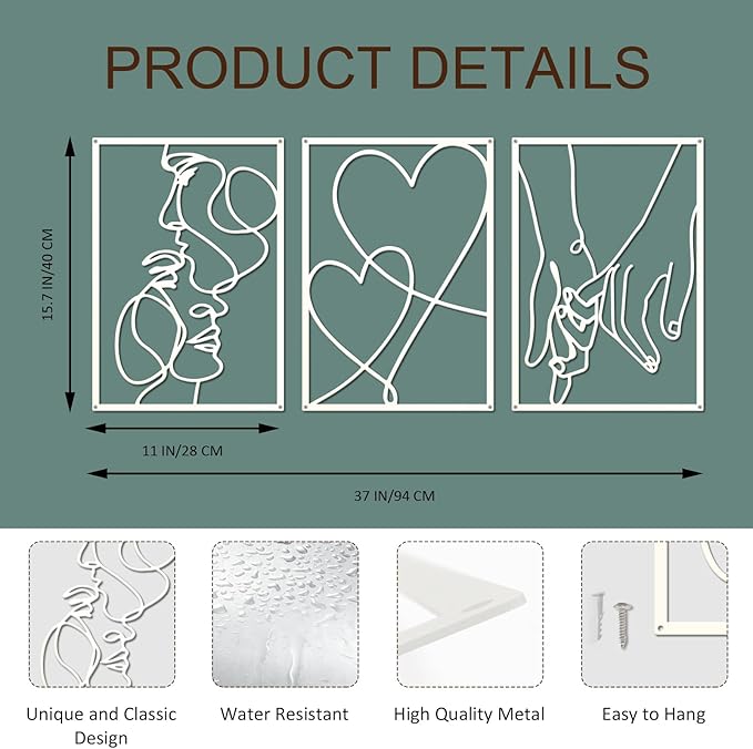 ESTART 3 Pieces Metal Minimalist Line Wall Art, Valentine's Day Lover Kiss Hand Metal Wall Decor, Aesthetic Modern Home Hanging Wall Art Decor for Bedroom Living Room (White)