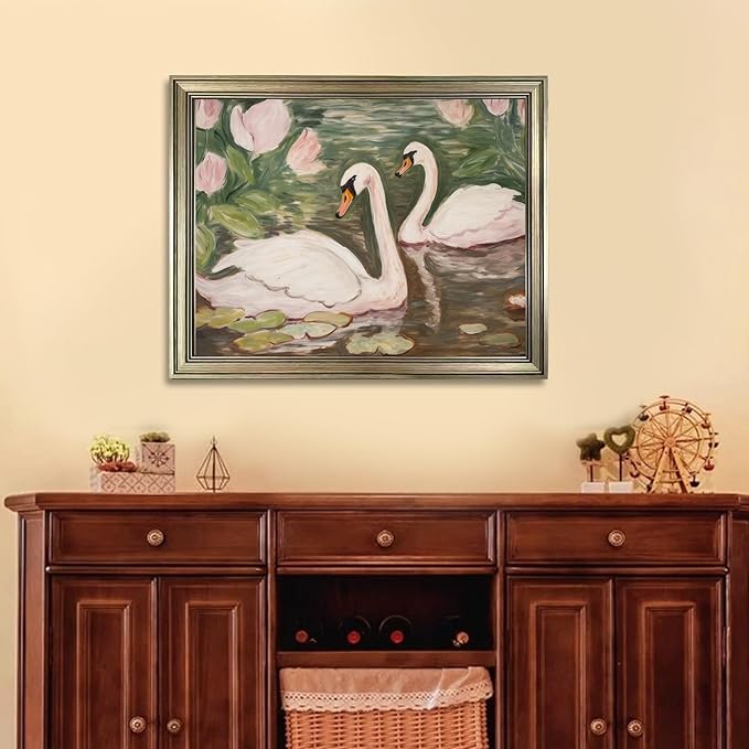 Swan Wall Art Vintage Framed Animal Wall Decor Pink and Green Girls Room Decor Girly Office Canvas Print Painting Home Artwork