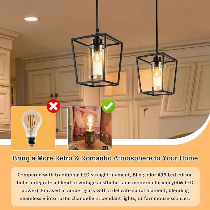 BLINGCOLOR A19 Vintage LED Edison Bulbs 40 Watt, Dimmable E26 LED Edison 2200K Warm Light Bulbs, 4W Equal 40 Watt Incandescent Bulbs, 4 Pack Decorative Antique Spiral Amber Light Bulbs, 300LM, CRI90+