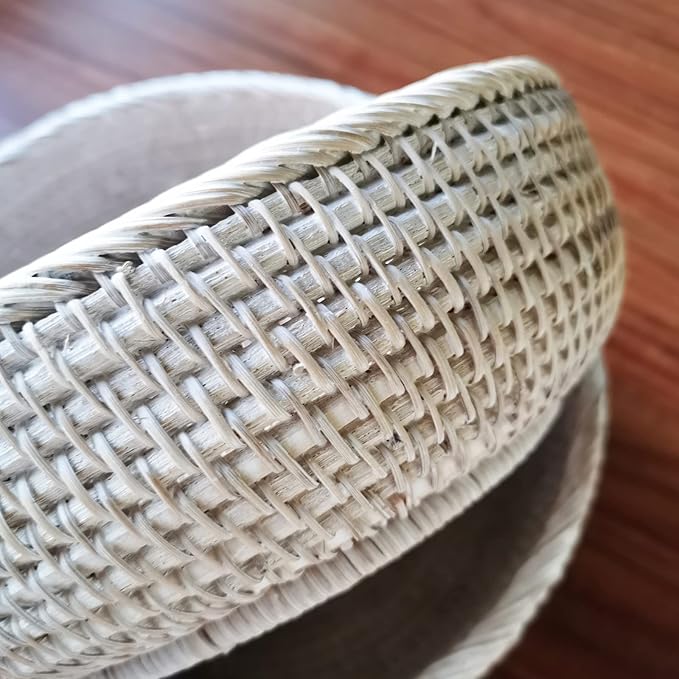 Wash White Round Rattan Bowl Basket,White Decorative Handmade Wicker Basket Bowl with Deep Wall, Decorative Woven White Bread Basket Fruit Bowl Key Holder Table Centerpiece