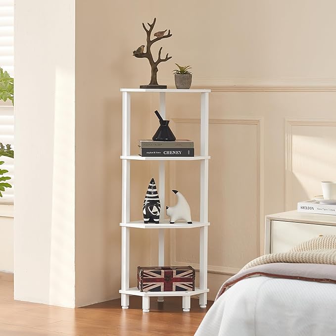 YUFAM 4-Tier Corner Shelf with Sturdy 5-Leg Base, 42in Tall Narrow Bookcase for Small Spaces, Wooden Plant Display Shelf, Thin Bookshelf for Living Room, Bedroom, Office, White