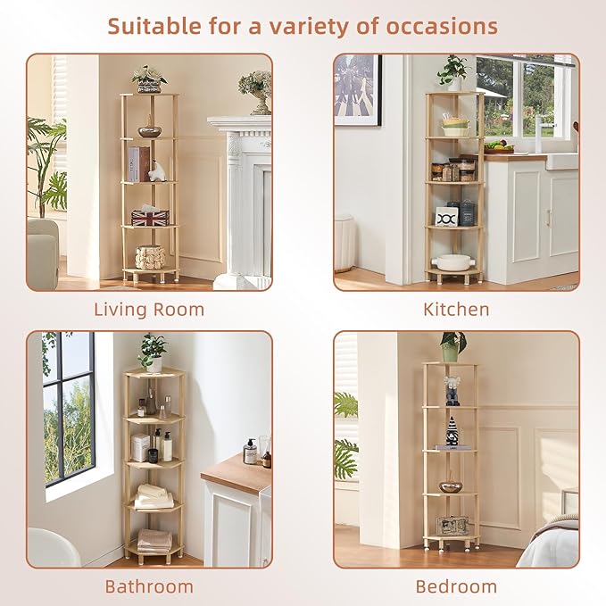 YUFAM 5-Tier Corner Shelf with Sturdy 5-Leg Base, 52in Tall Narrow Bookcase for Small Spaces, Wooden Plant Display Shelf, Thin Bookshelf for Living Room, Bedroom, Office, Natural