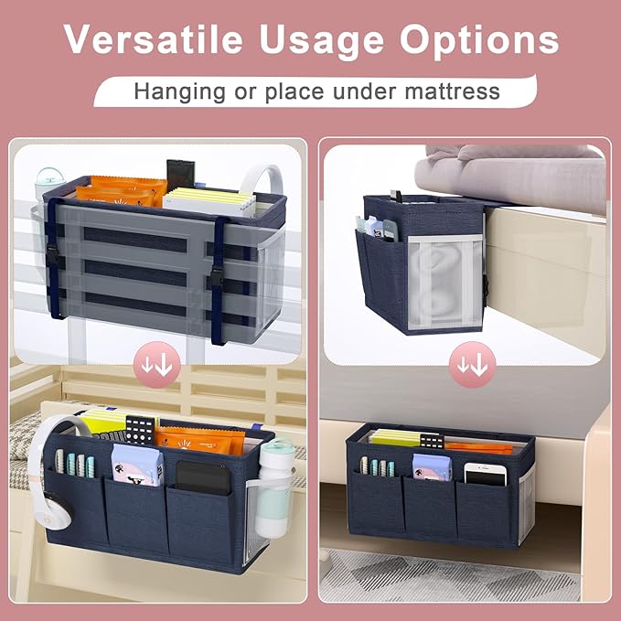 Edudif Dual-purpose Bedside Caddy Bedside Organizer, Bed Caddy with 6 Pockets, Versatile Bedside Storage Solution Magazine Remotes holder, ideal for Home, Dorm, Hospital, Crib Bed (Navy 2pcs)