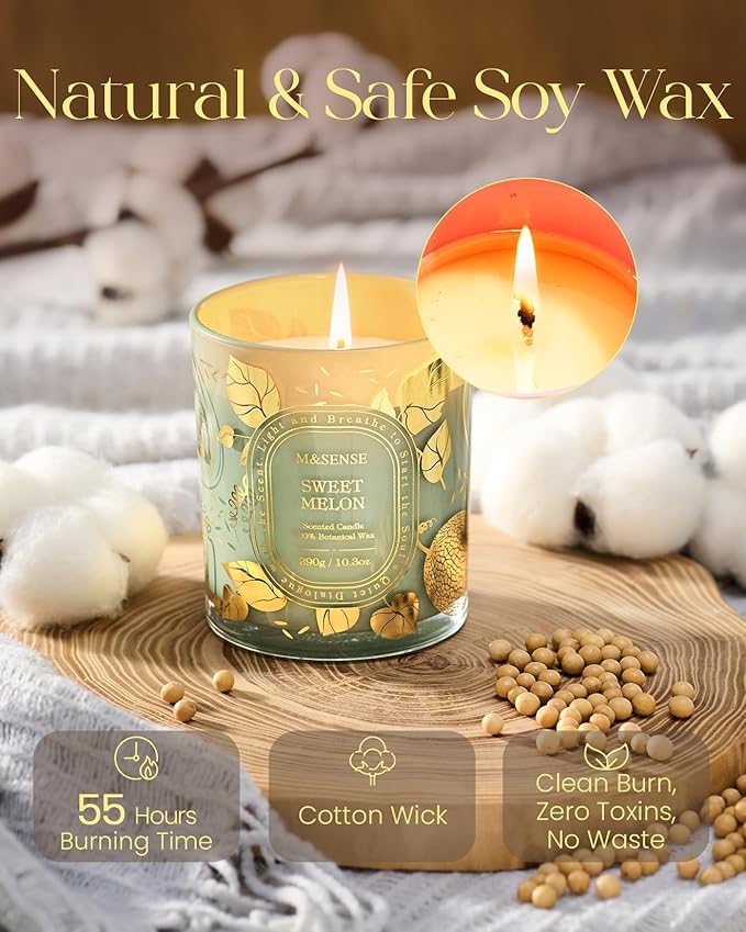 M&SENSE Fresh Melon Scented Candle, Natural Soy Candles Non Toxic Clean Burn, Air Purifying Relaxing Fresh Home Fragrance, 55 Hours Long Burning 10.3oz, Housewarming Gifts for Women