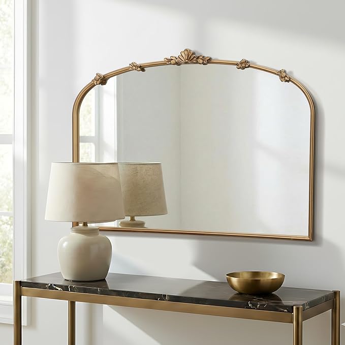 Besdomus Large Vintage Gold Mirror: 40"x29" Traditional Ornate Arched Mirror - French Baroque Antique Mirrors for Wall/Mantel/Bedroom/Entryway/Bathroom/Hallway - Home Decor for Fashion-Conscious