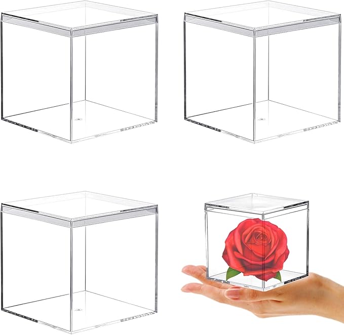 KissYou Acrylic Box with Lid, Clear Boxes for Display 4 Pack Transparent Square Cube Small Storage Boxes for Graduation Wedding Birthday Party Candy Boxes