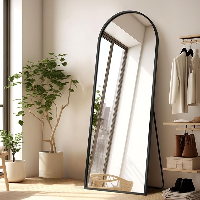 GlasFlength Arched Full Length Mirror with Stand, 57"x21" Free-Standing Leaning Wall-Mounted Mirrors, Elegant Body Mirror for Living Room, Bedroom & Cloakroom, Black