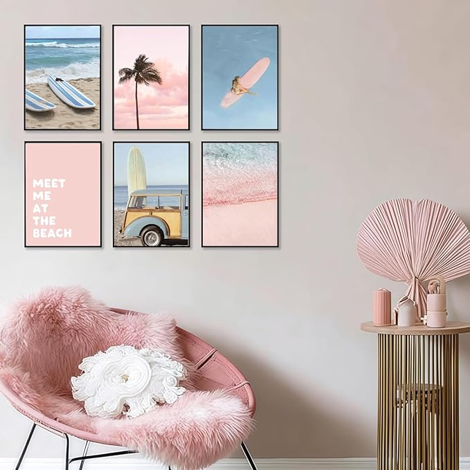 6Pcs Pastel Beach Wall Art Prints Pink Blue Coastal Granddaughter Wall Decor Pictures Summer Beachy Palm Trees Aesthetic Posters for Girly Bedroom Dorm Apartment Home Decoration Unframed 12x16in