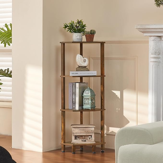 YUFAM 4-Tier Corner Shelf with Sturdy 5-Leg Base, 40in Tall Narrow Bookcase for Small Spaces, Wooden Plant Display Shelf, Thin Bookshelf for Living Room, Bedroom, Office, Brown