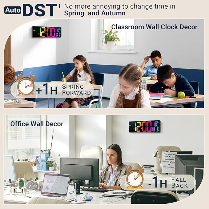 16.5" Large Digital Wall Clock: 11 RGB Color LED Display with Remote Control, Auto DST, Temperature & Date, Big Number Wall Clock for Seniors, Classroom, Office, Gym, Home Decor Brown