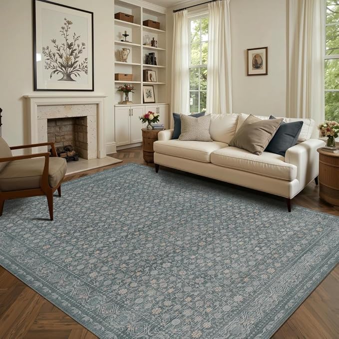 Area Rugs 5x7, Washable Rugs for Living Room, Vintage Boho Light Blue Rug for Dining Room, Dining Room, Kids Room and Farmhouse, Durable Low Pile Non-Slip Area Rug for High Traffic Areas(Blue)