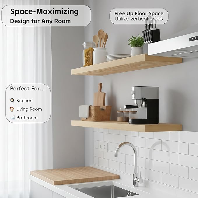 Lufia Floating Wall Shelves, Set of 2, MDF with Invisible Brackets, Modern Storage for Bedroom, Bathroom, Living Room, Kitchen (Oak, 24" W x 7" D x 1.5" H)