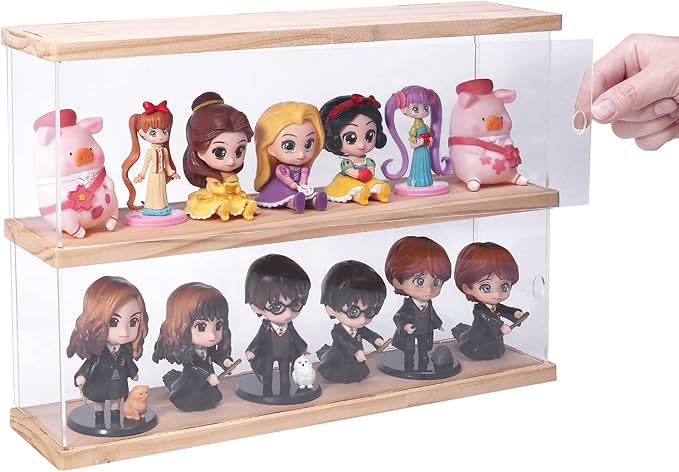 Clear Acrylic Display Shelf Case for Mini Funko Pop, Wooden Display Stand Riser 2 Layer Storage Rack for POP MART The Monsters Lazy Yoga Action Figures Collectibles Toys, 15.55" W x 3.78" D x 10.8" H