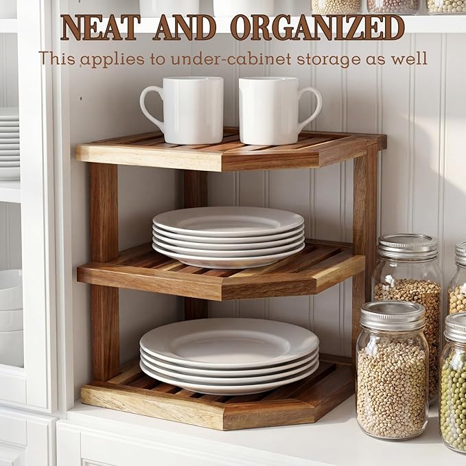 Mifoci 3 Tier Acacia Wood Corner Shelf Organizer for Kitchen Counter & Cabinet, Solid Wood Corner Rack Space Organizer for Plates, Dishes, Bowls, Cups, Pantry Storage, 9.5" x 10", Hardware Included