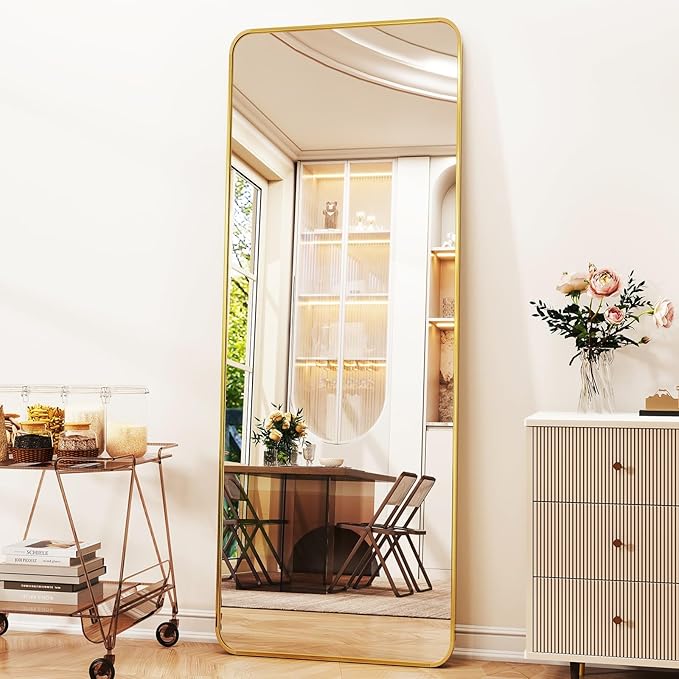 XRAMFY Full Length Mirror 23"x66", Large Floor Mirror with Rectangle Rounded Corners, Gold Aluminum Alloy Frame, Wall Mirror for Full Body