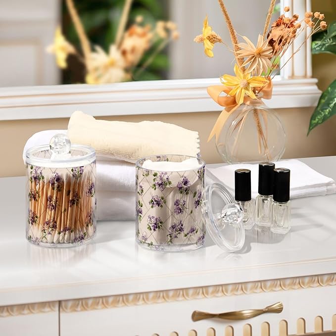 2 Pack Apothecary Jars Vintage Purple Clover Floral Art Bathroom Vanity Storage Organizer Set,Small Clear Plastic Storage Jars Bathroom Canister for Cotton Swabs, Rounds, Balls, Qtips,Makeup Sp