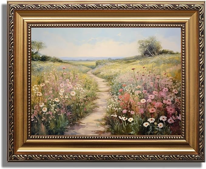 KBKBART Gold Framed Vintage Wall Art, Vintage Spring Decor, Wildflower Countryside Canvas Oil Painting, Rustic Antique Landscape Bathroom Decor for Bedroom, Living Room, Gifts (9"x12")