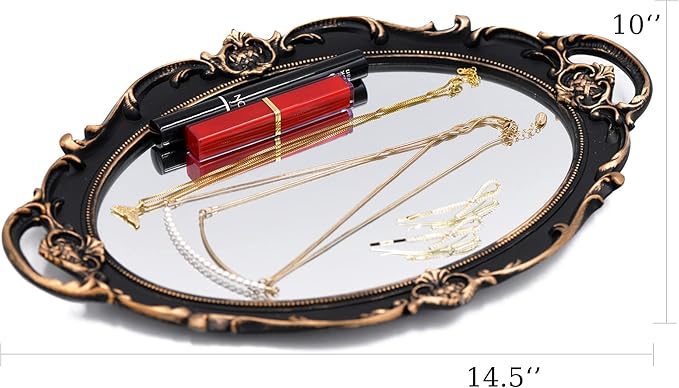Funerom Vintage 14.5 x 10 inch Decorative Mirror Tray, Makeup Organizer, Jewelry Organizer, Serving Tray (Vintage Gold)
