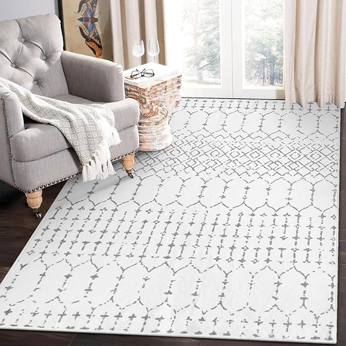 Lahome Moroccan Living Room Area Rug - Washable Rugs 4x6 Non-Slip Soft Throw Rugs for Bedroom White Lightweight Large Rug, Modern Geometric Print Low-Pile Capet for Classroom Office Dining Room Hana