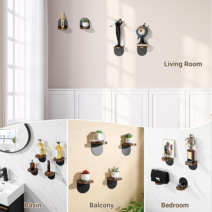 SAYAYO Small Floating Shelves for Wall Storage, 4 x 4 Inch Adhesive Wall Shelves for Bedroom Decor, Mini Display Wood Shelf Organizer with Black Base for Living Room, Office, Balcony, 4 Pcs