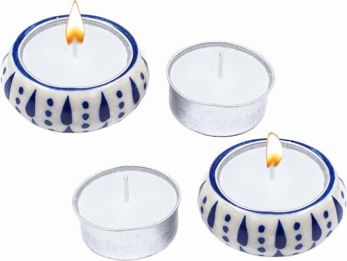 Ceramic Tealight Holder Set of 6 - Hand-Painted Candle Holders with Wax Tealights - Decorative Votive for Home, Party, Wedding, Festive & Gift Décor (White Blue) - ALPHA Living HOME