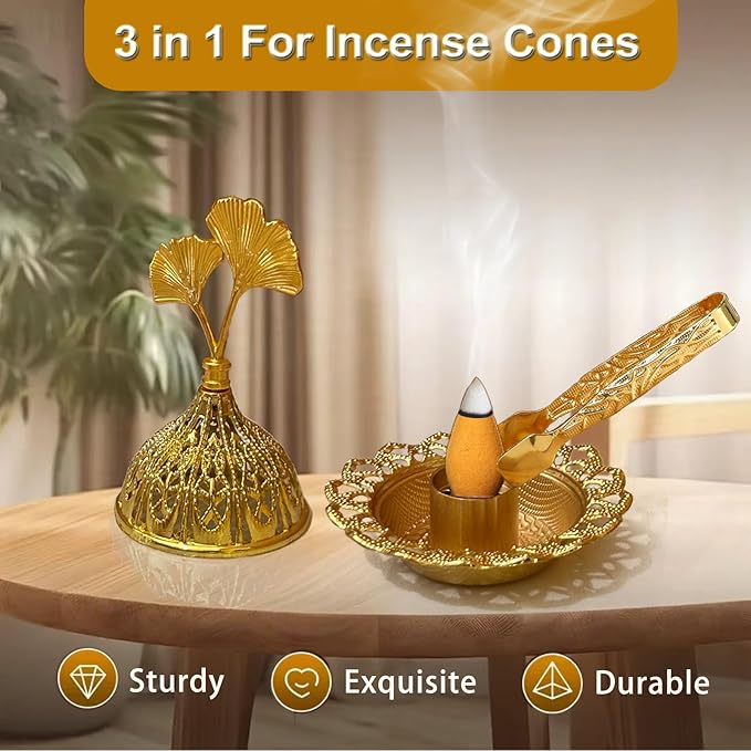 Majewel 3 in 1 Incense Holder, Vintage Incense Holders for Sticks with 9 Holes, Incense Burner Ash Catcher, Brass Incense Stick and Cone Burner for Meditation, Yoga, Home Decor (Ginkgo)