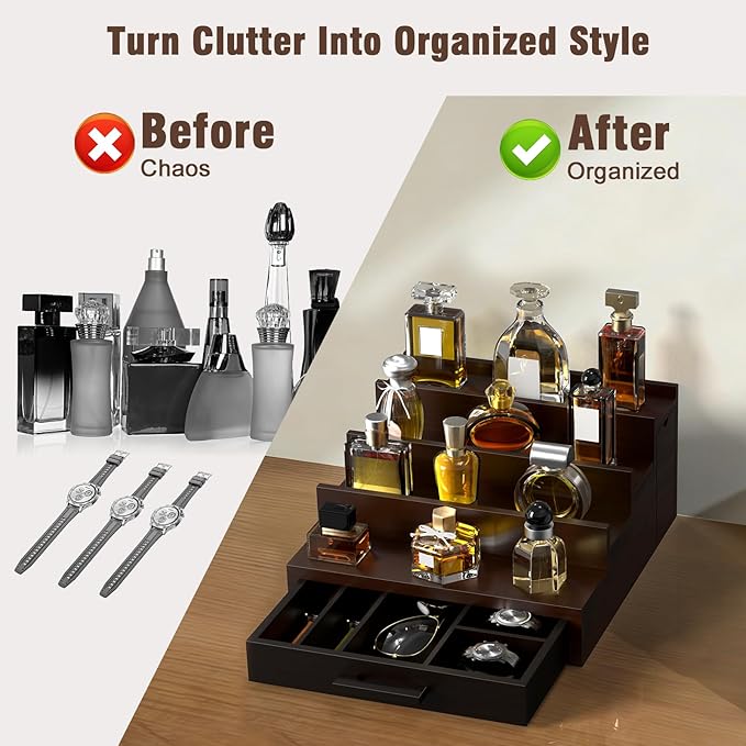 Sunexinlo 4 Tier Cologne Organizer for Men, Black Walnut Wooden Perfume Display Stand with Drawer Divider Dual Hidden Storage Compartments, Shelf for Cologne Watch Jewelry Skincare Grooming, Ideal Birthday Gift for Men and Fathers