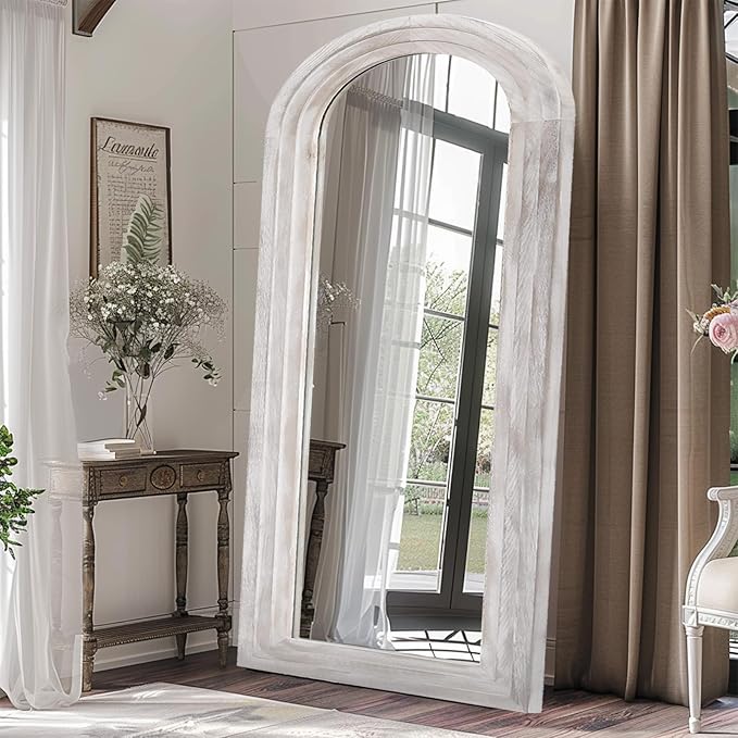 ZHUNFA Arched Full Length Mirror with Solid Wood Frame, 71x32 Farmhouse Wall Mirror Full Length with Stand, Vertical Hanging, Leaning Standing for Bedroom, Living Room, Rustic White